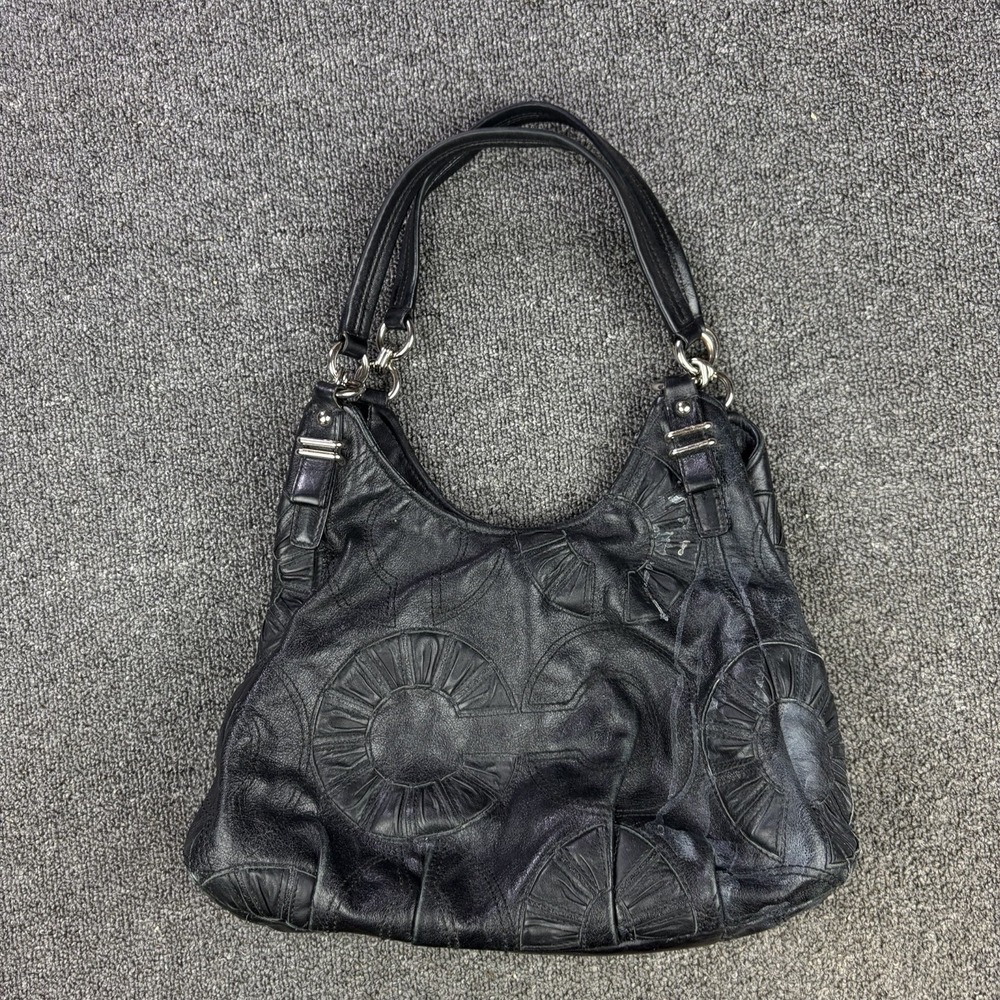 Coach Madison Maggie 16504 Black Pleated Op Art Leather Purse Hobo Shoulder Bag